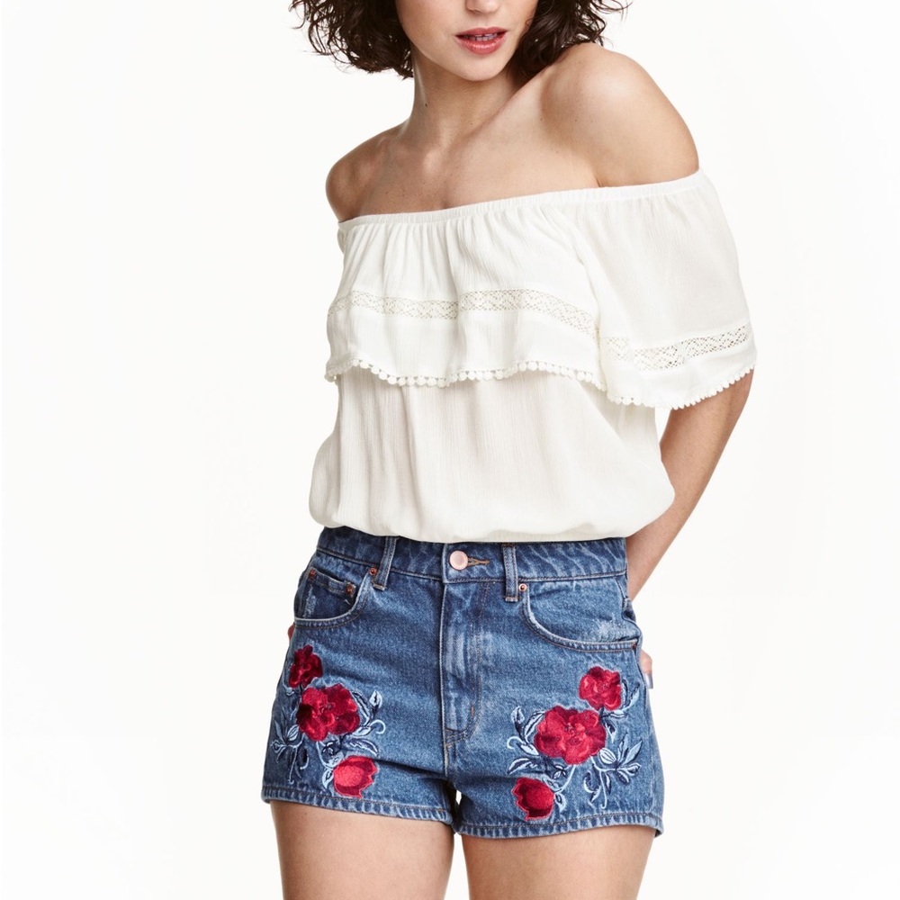 H&M x Coachella floral festival denim shorts